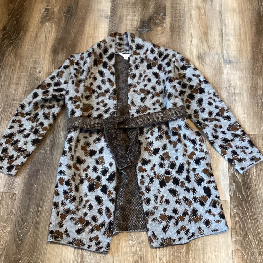 Time and Tru Leopard Print Cardigan Tie Sweater